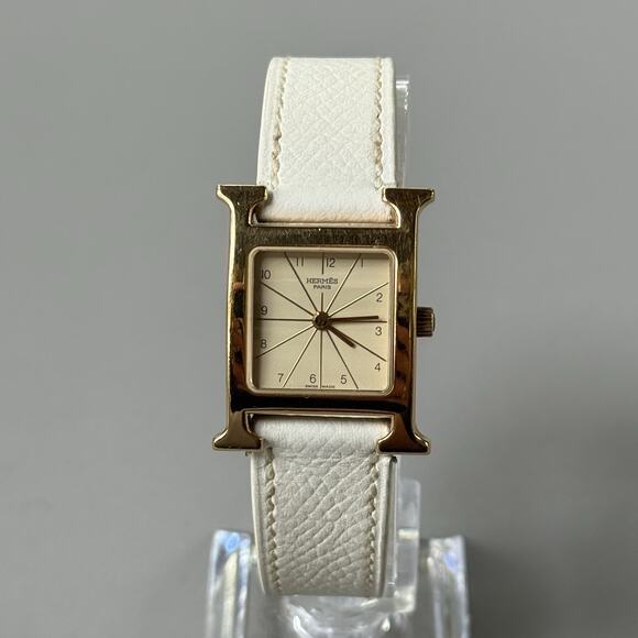 Hermes Heure H Watch 25mm Small Model Gold Epsom White Leather Working main image 15